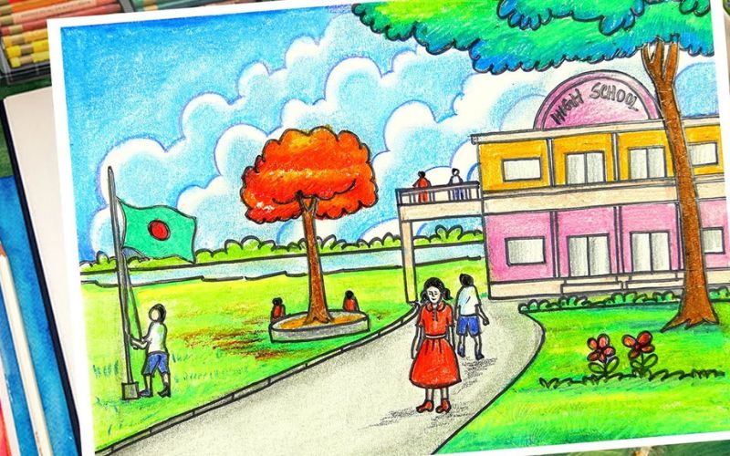 Cách vẽ ngôi trường hạnh phúc đơn giản