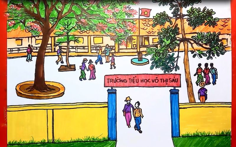 Cách vẽ ngôi trường hạnh phúc đơn giản