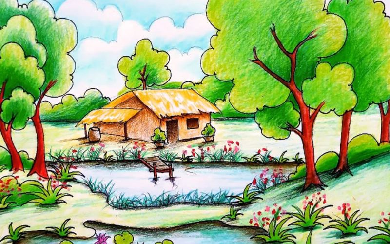Vẽ tranh phong cảnh đơn giản mà đẹp về quê hương