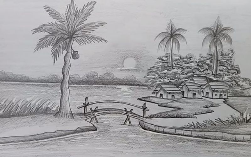 Vẽ tranh phong cảnh biển hoàng hôn bằng bút chì