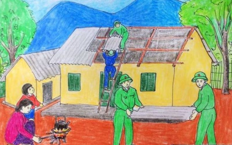 Tranh vẽ những chú bộ đội giúp dân làm nhà