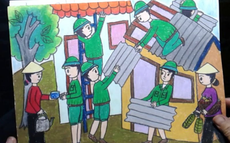 Hình vẽ những chú bộ đội giúp dân sửa nhà