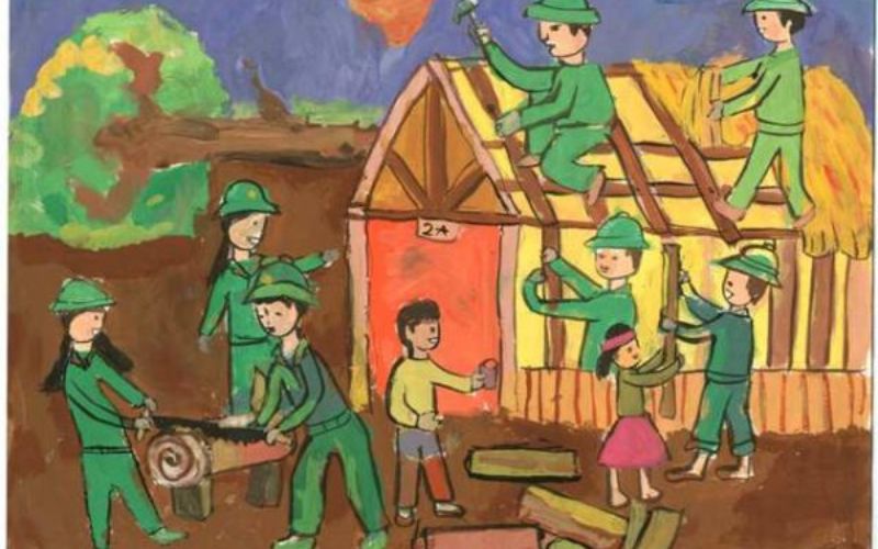Tranh vẽ về chú bộ đội giúp dân sửa nhà