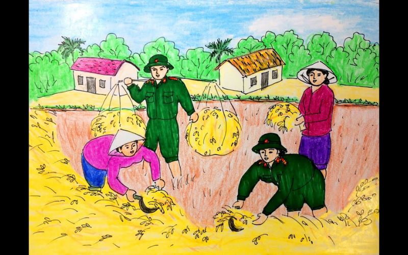 Tranh vẽ chú bộ đội giúp dân gặt lúa