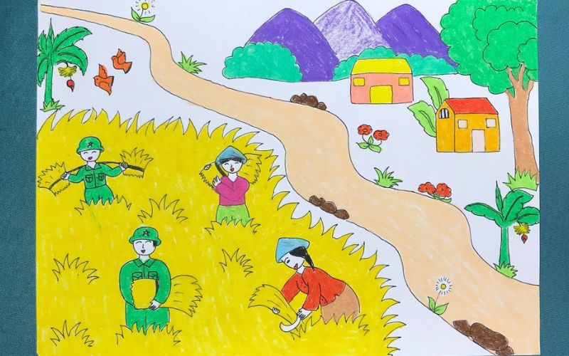 Hình vẽ chú bộ đội giúp dân gặt lúa