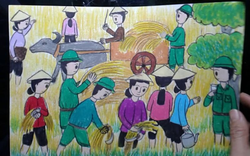 Tranh vẽ chú bộ đội gặt lúa