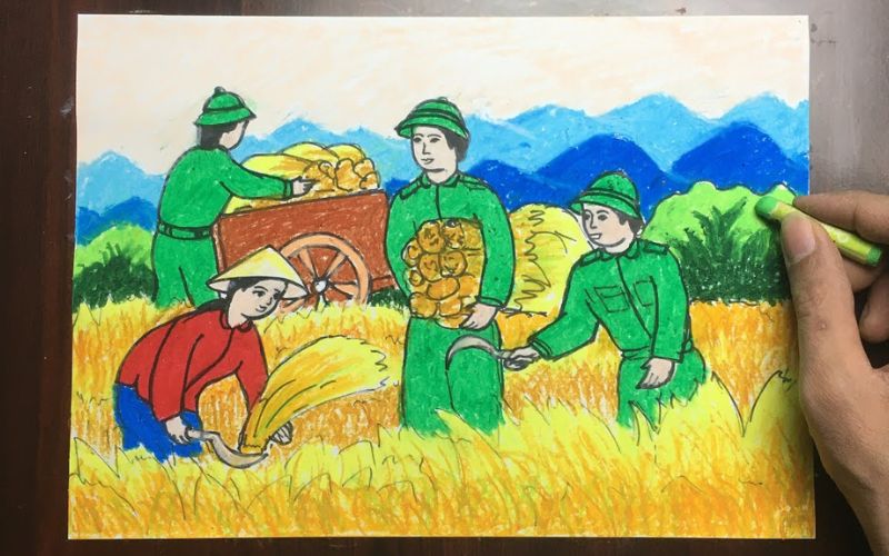 Hình vẽ chú bộ đội giúp người dân gặt lúa