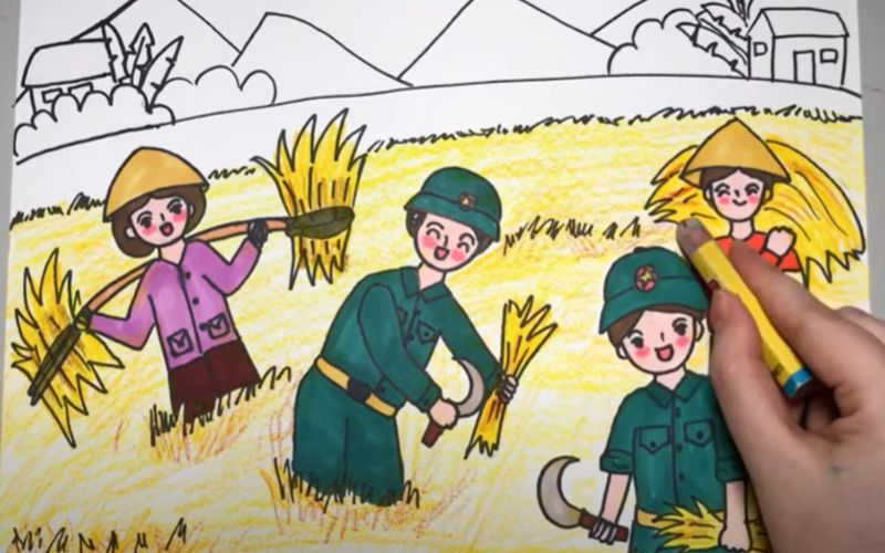 Vẽ tranh chú bộ đội giúp dân gặt lúa