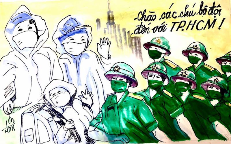 Vẽ tranh chú bộ đội chống dịch đơn giản