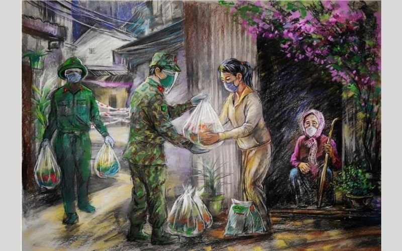 Tranh vẽ chú bộ đội chống covid