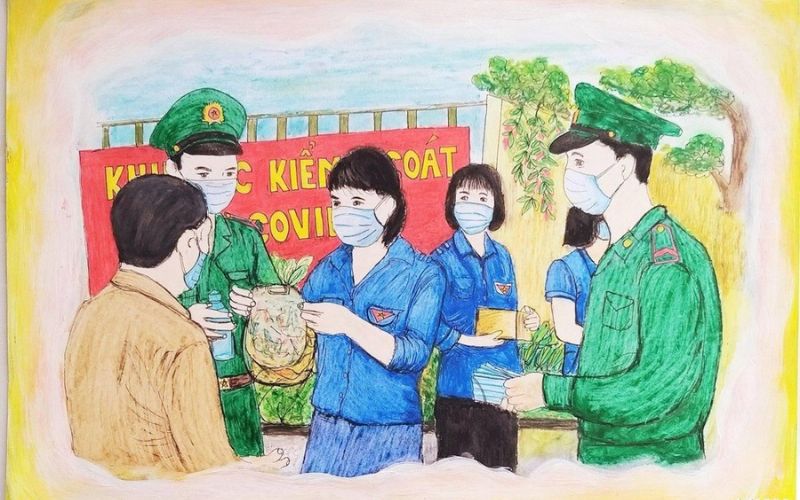 Tranh vẽ chú bộ đội chống dịch đơn giản