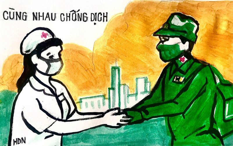 Vẽ tranh chú bộ đội chống dịch covid 19