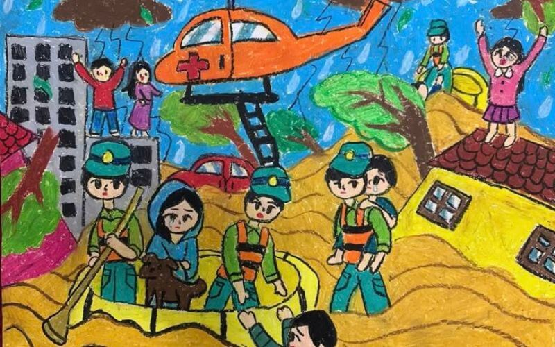 Tranh vẽ chú bộ đội giúp đỡ đồng bào mưa lũ