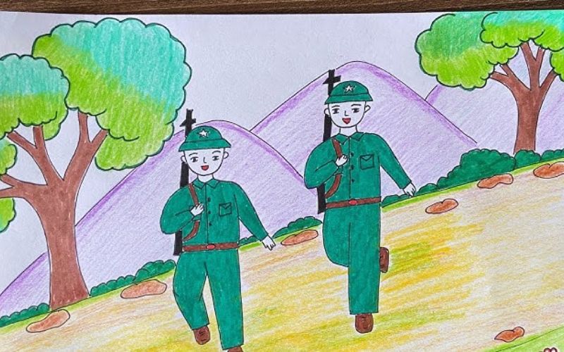 Tranh vẽ chú bộ đội hành quân