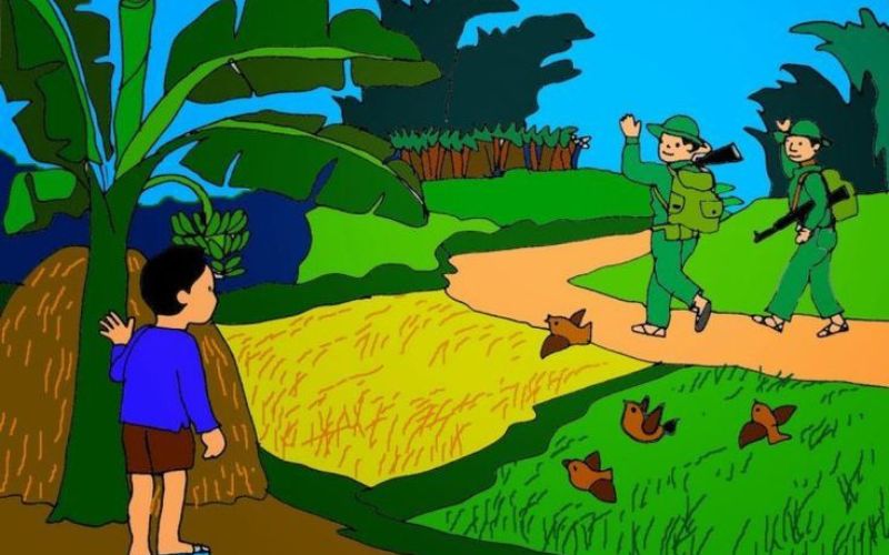 Tranh vẽ chú bộ đội đi hành quân
