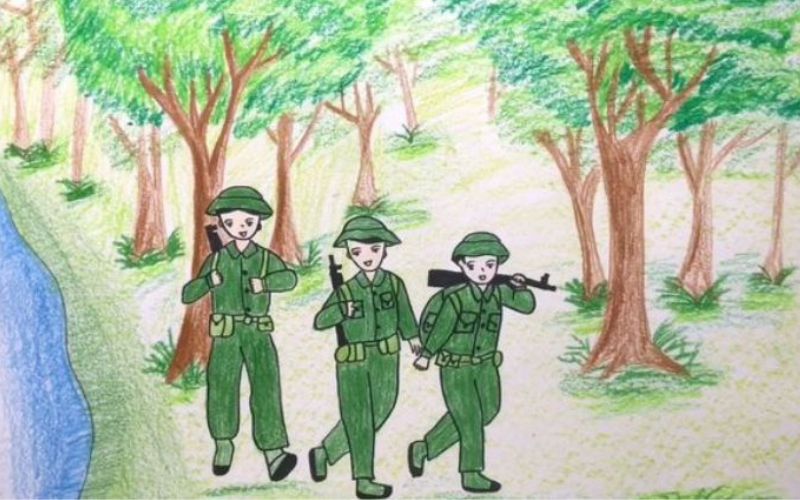 Vẽ tranh chú bộ đội đang hành quân