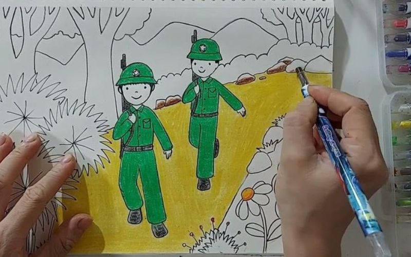 Cách vẽ tranh chú bộ đội hành quân
