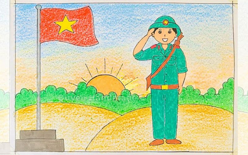Tranh vẽ chú bộ đội chào cờ
