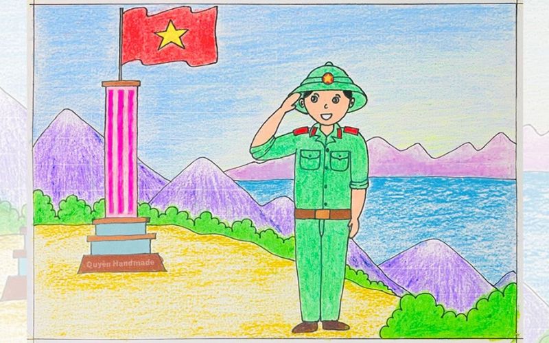 Cách vẽ chú bộ đội chào cờ