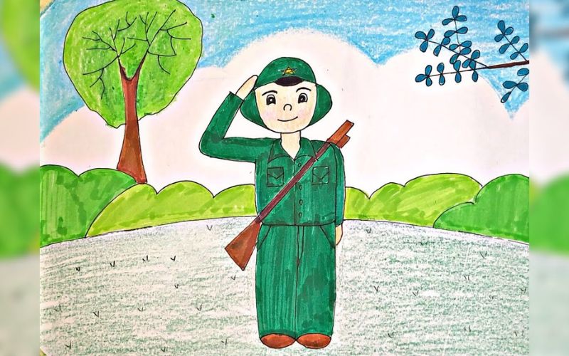 Tranh vẽ chú bộ đội đứng gác