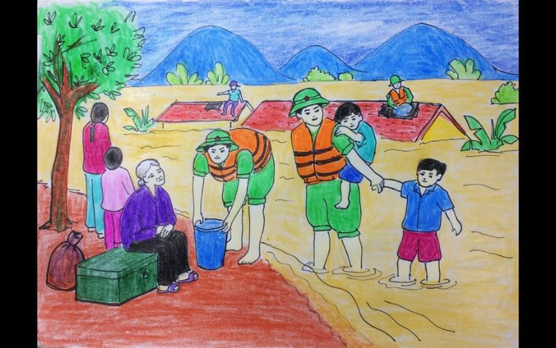 Tranh vẽ chú bộ đội cứu trợ mùa mưa