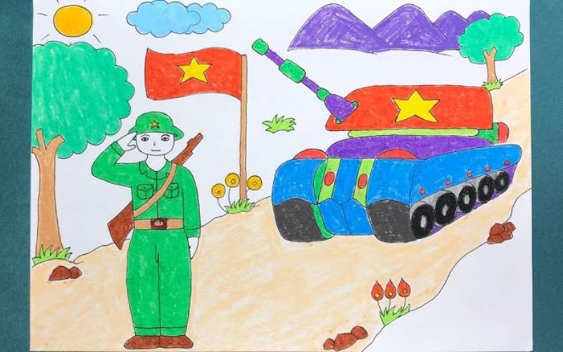 Hình vẽ chú bộ đội đang chào cờ