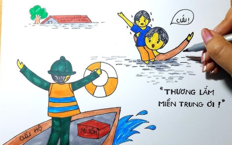 Tranh vẽ chú bộ đội cứu miền trung