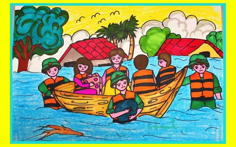 Vẽ tranh chú bộ đội giúp đỡ đồng bào mưa lũ