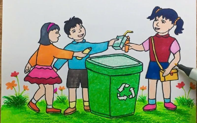 Tranh vẽ phân loại rác đúng cách