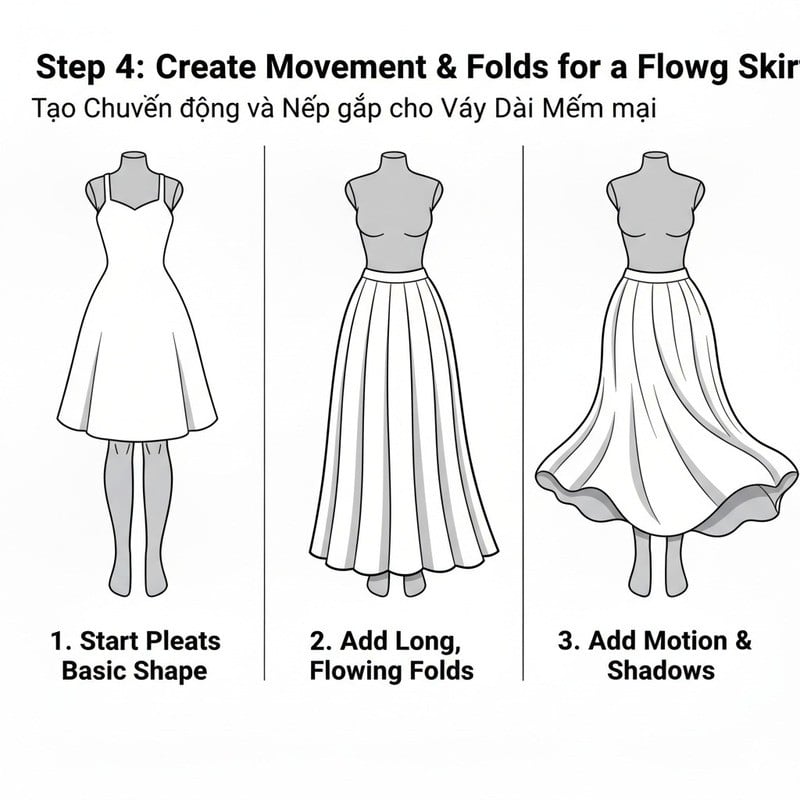 Thêm vào vài đường kẻ dọc nhẹ nhàng để tạo cảm giác những nếp gấp tự nhiên của vải